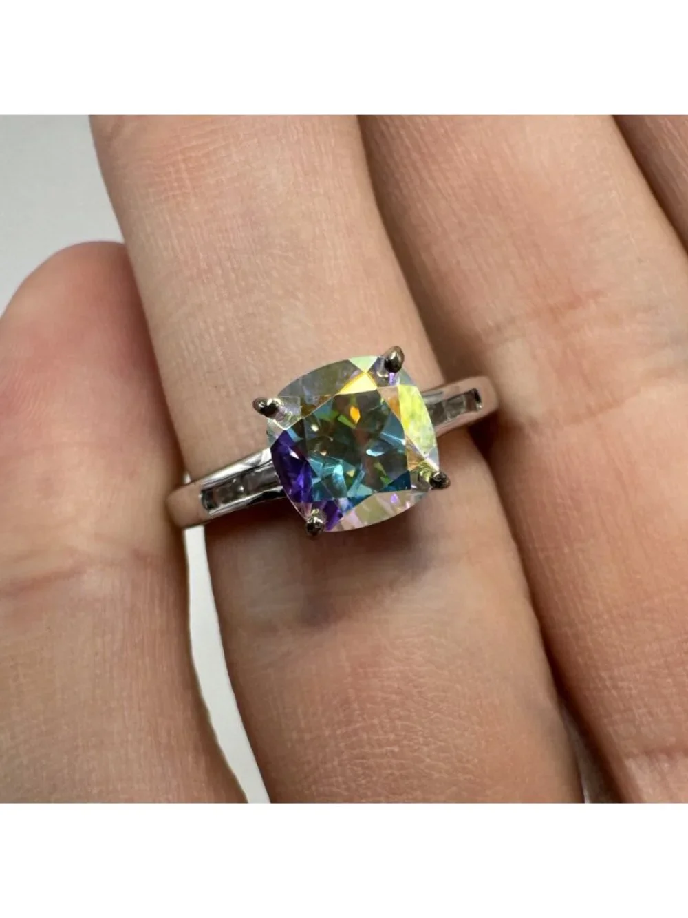 D'Joy Sterling Silver 925 Mystic Topaz Prong Set Statement Ring Size 7